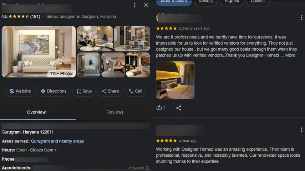Google Reviews for Interior Designers in Gurgaon