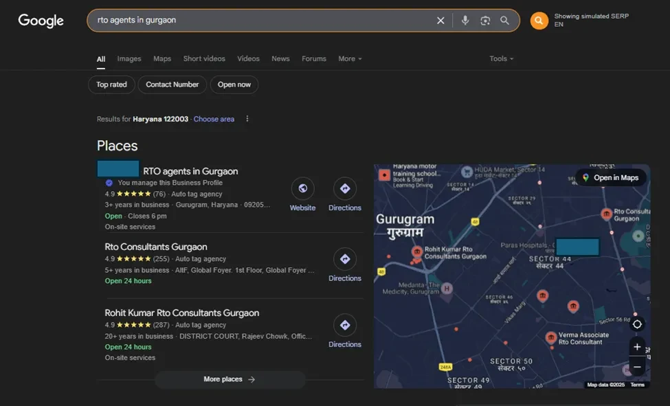 Google search results showing top 3 local pack rankings for RTO services