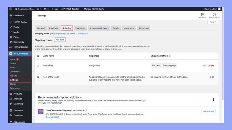 Configuring shipping settings in WooCommerce