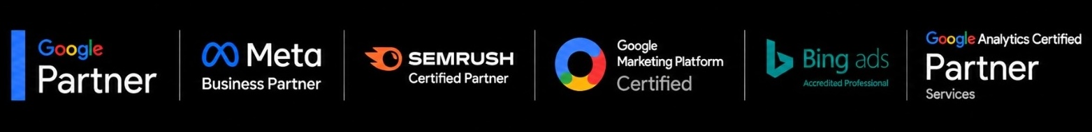Certified partner badges for Google Partner, Meta Business Partner, Semrush, Google Marketing Platform, Bing Ads, and Google Analytics