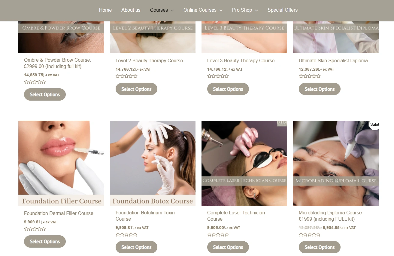 Dubai Beauty Training course catalog interface