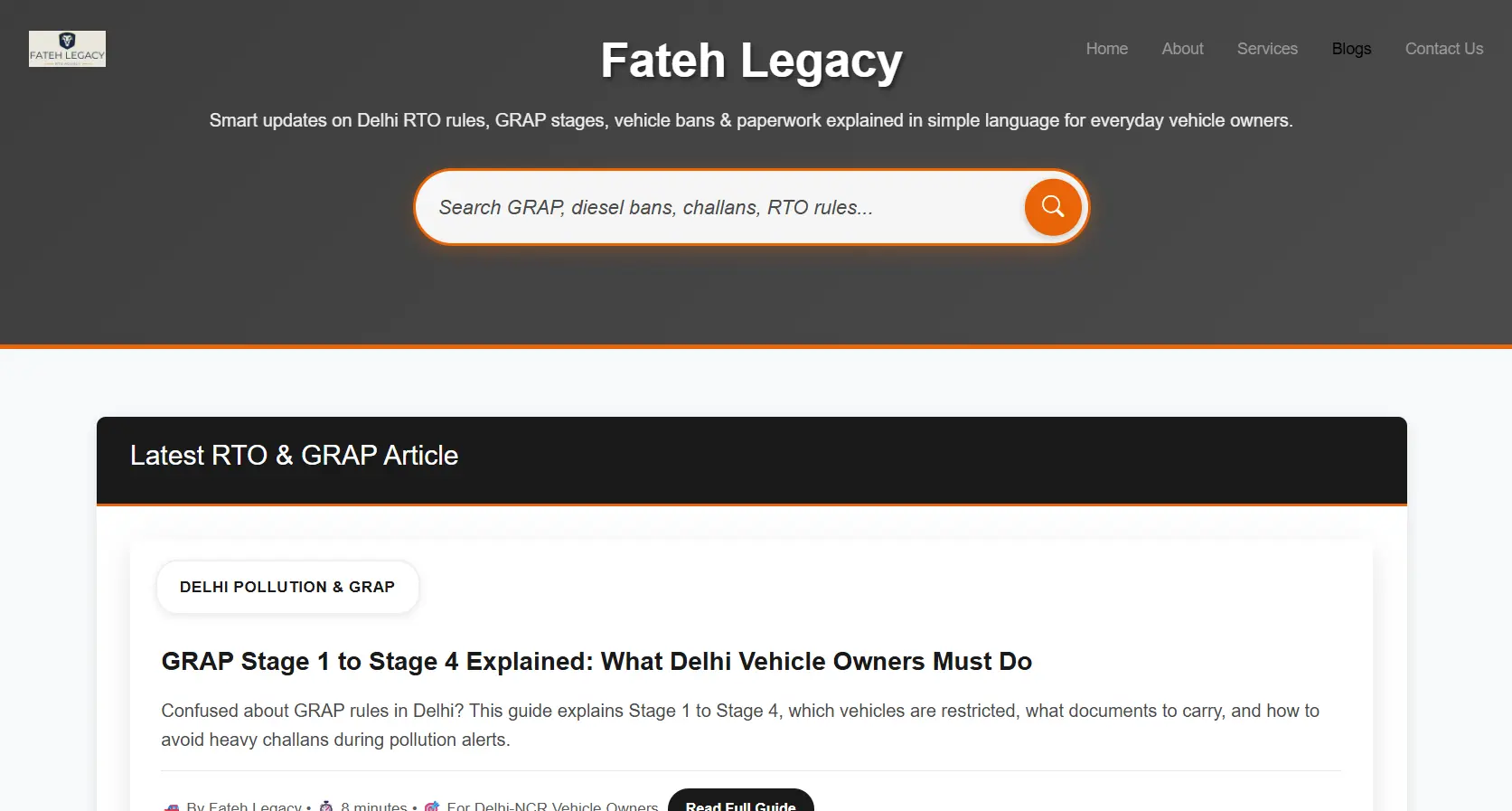 Fateh Legacy blog screenshot of Delhi RTO Codes DL01 to DL12 guide showing detailed content structure