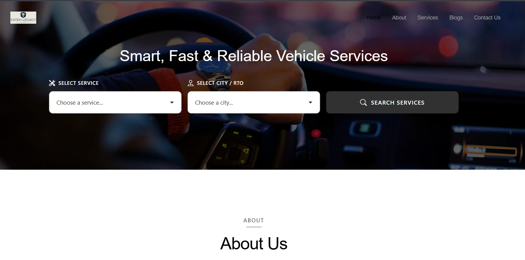 Fateh Legacy homepage hero showcasing a trust-first portal for RTO and driving licence services