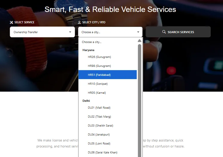 Service detail page structure showing documents required and step-by-step process layout
