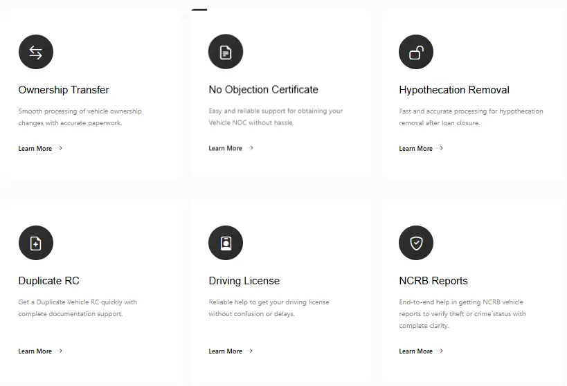 Fateh Legacy services listing showing multiple RTO and driving licence services