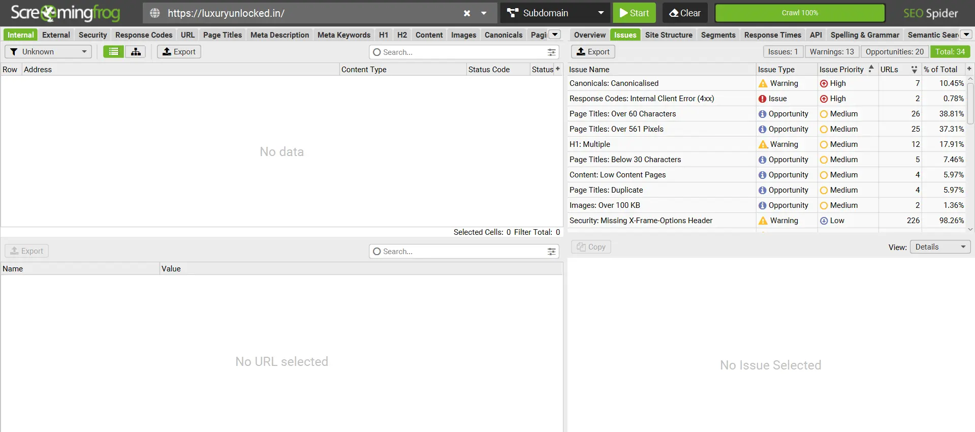 Screaming Frog crawl audit showing duplicate title or meta description issues and scale-related SEO fixes