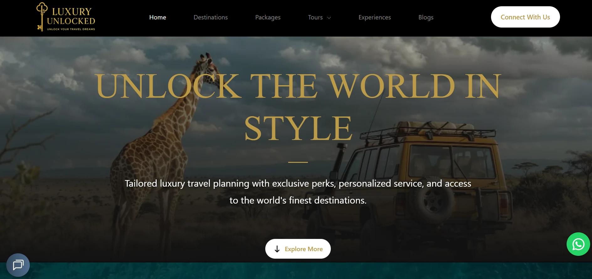 Luxury Unlocked homepage hero showcasing luxury travel planning branding