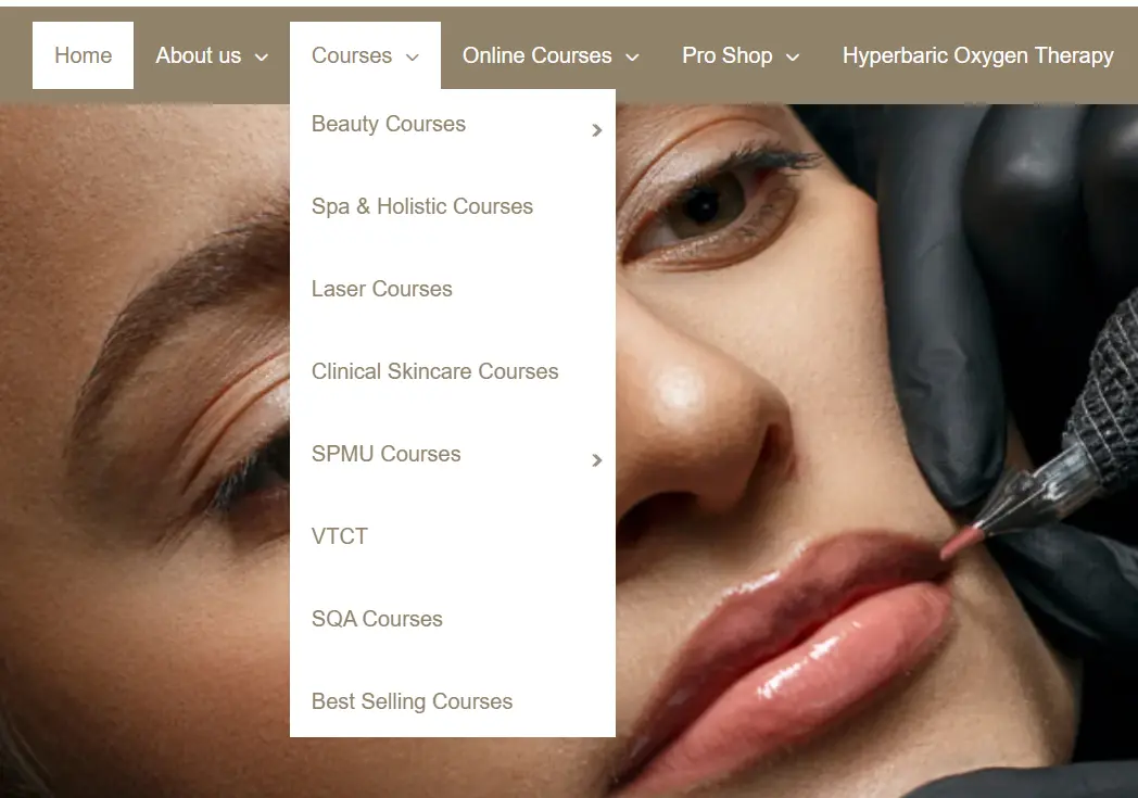 Scottish Beauty Expert courses or online courses category page showing a deep catalog structure