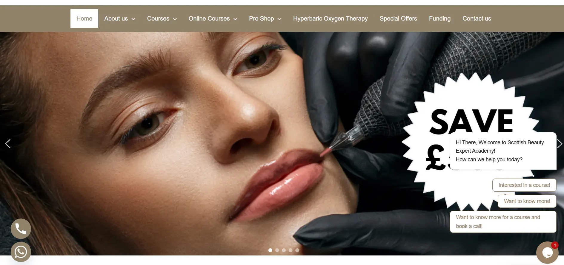 Scottish Beauty Expert homepage showing academy credibility, course positioning, and navigation structure