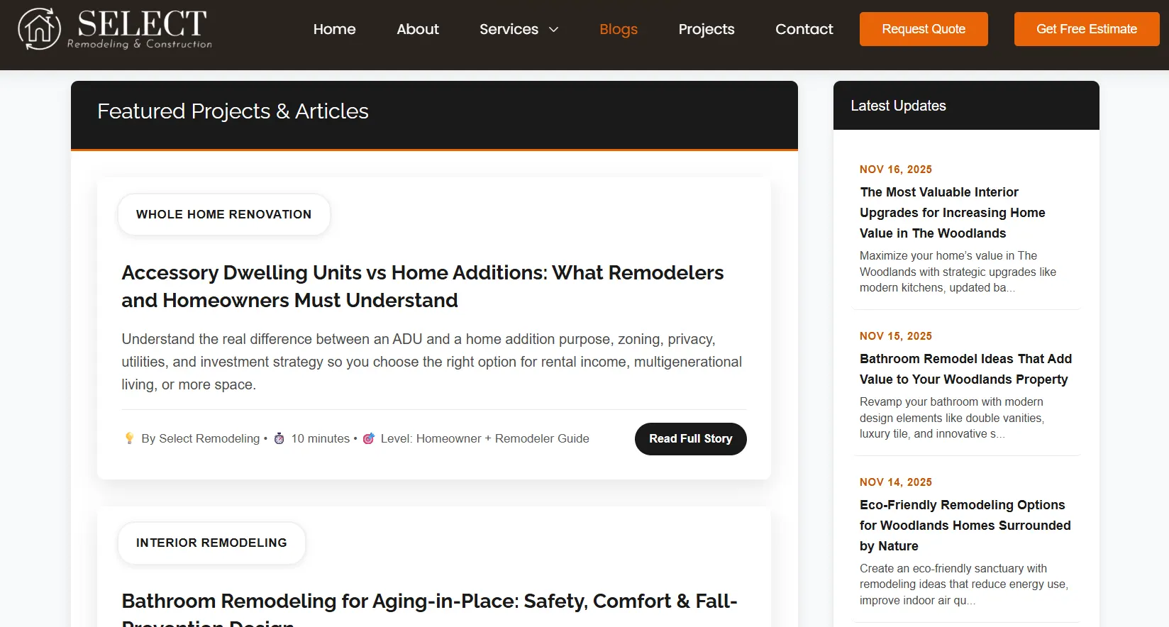 Select Remodeling blogs listing page showing multiple remodeling articles and guides