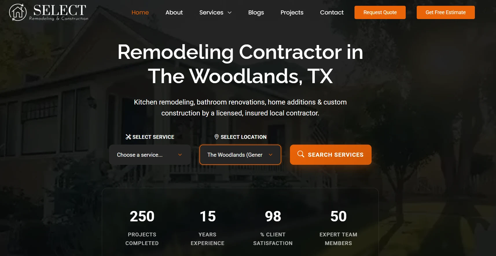 Select Remodeling & Construction homepage hero showing remodeling services and local positioning in The Woodlands, Texas