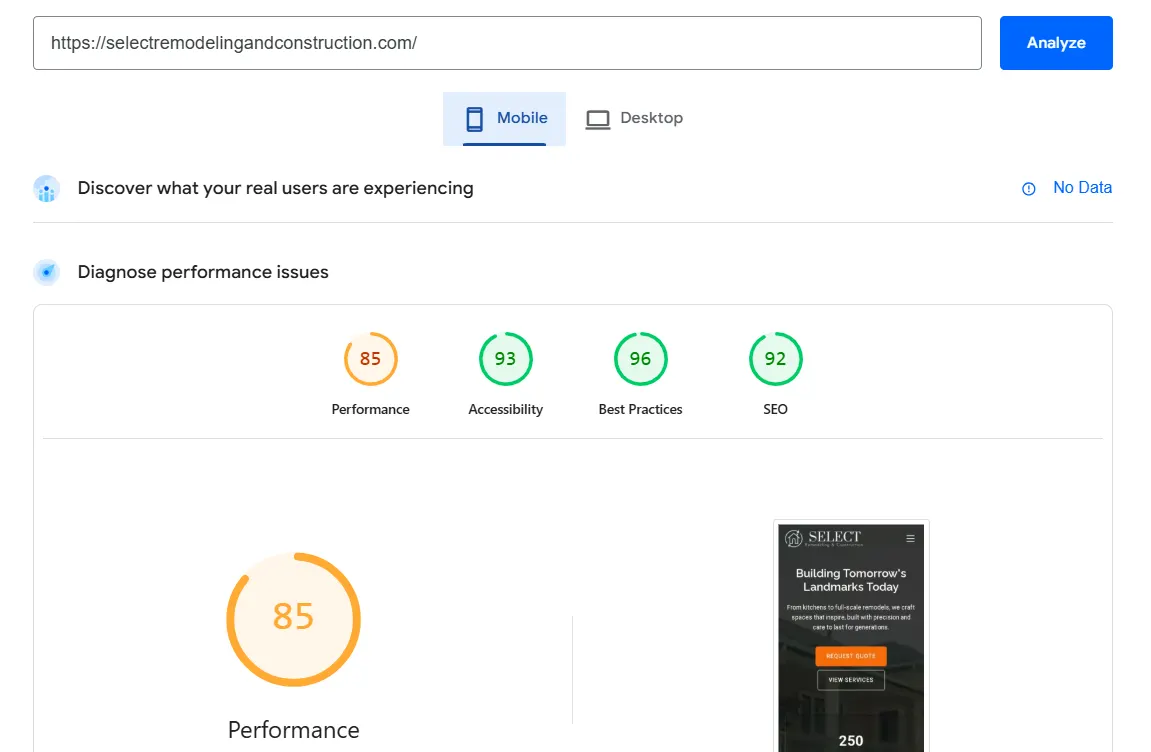 PageSpeed Insights mobile results before and after for Select Remodeling website